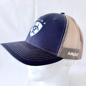 Ariat Navy Blue Tan‎ Mesh Embroidered Shield Logo Mens Snapback Trucker Hat